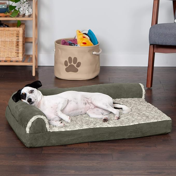 Furhaven Memory Foam Dog Bed for Medium/Small Dogs w/ Removable Bolsters & Washable Cover, For Dogs Up to 35 lbs - Two-Tone Plush Faux Fur & Suede L Shaped Chaise - Dark Sage, Medium