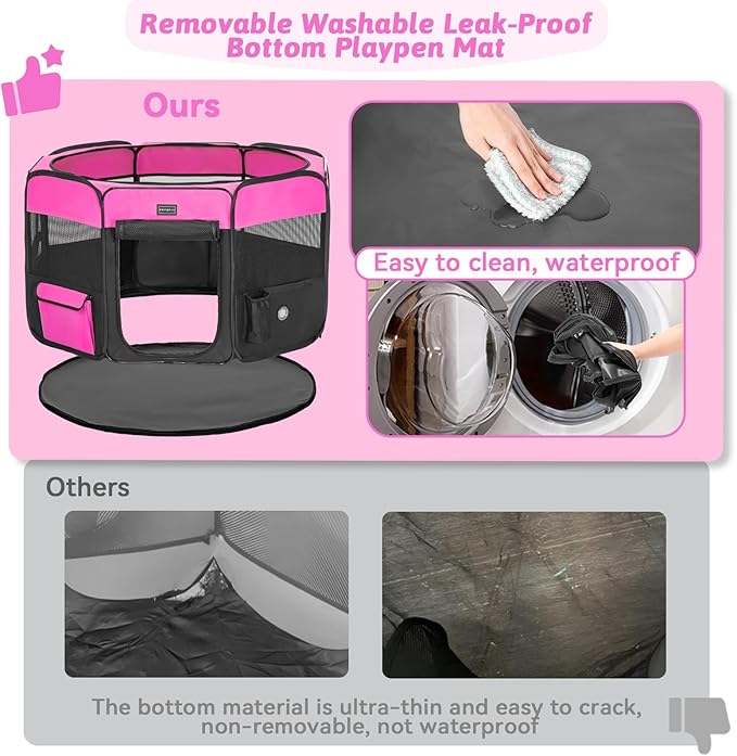 PETSFIT Portable Dog Playpen, 29" Dia Puppy Playpen with Zipper Removable Mesh Top Cover and Leakproof Playpen Bottom Mat-Cat Playpen Indoor/Outdoor for Cats,Dogs&Small Animals