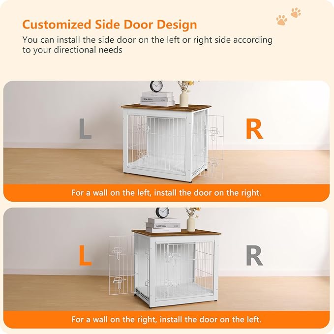 DWANTON Dog Crate Furniture with Cushion, Wooden Dog Crate with Double Doors, Dog Furniture, Dog Kennel Indoor for Small Dog,End Table, 27.2" L, White+Warm Brown