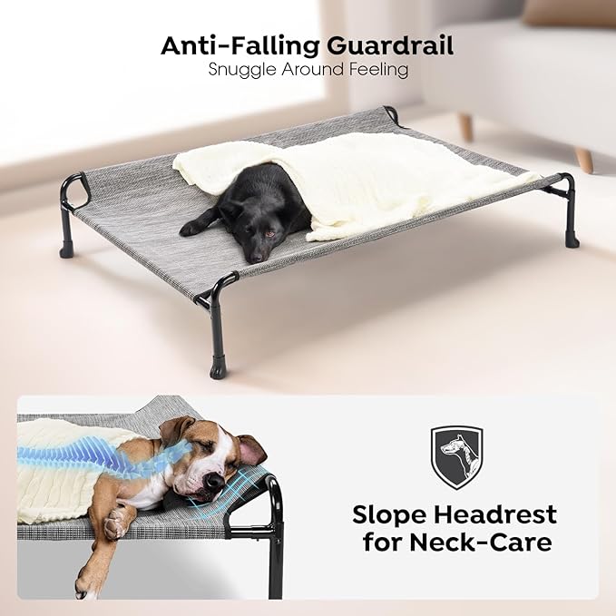 Veehoo Cooling Elevated Dog Bed, Raised Dog Beds for Large Dogs, Outdoor Dog Bed with Guardrail, Upgraded Non-Slip Feet, Breathable Teslin Mesh, Portable Camping Dog Cot, Large, Black Silver, CWC2404