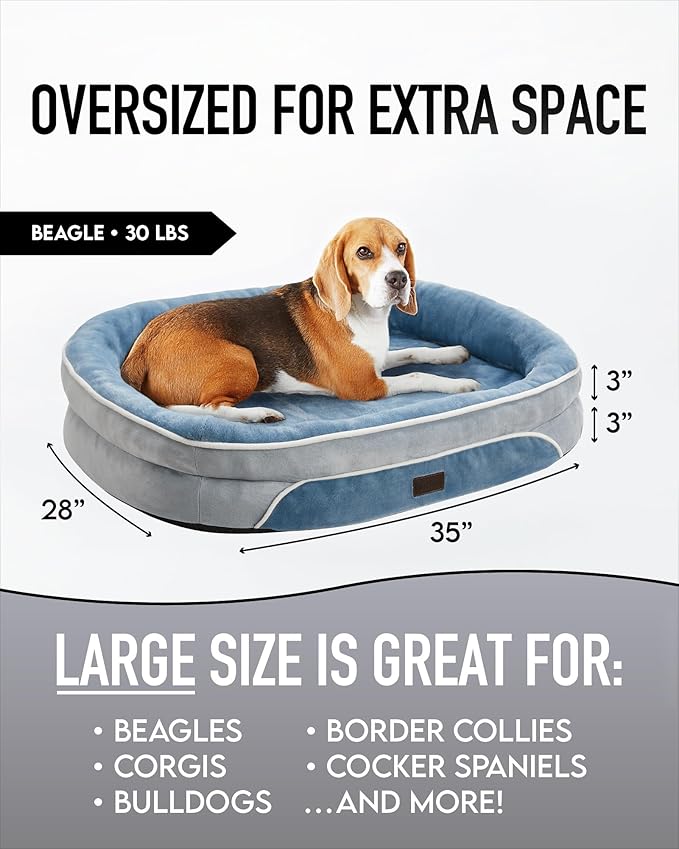 OhGeni Orthopedic Dog Bed for Large Dogs, Dog Couch Design with Egg Foam Support, Removable, Machine Washable Plush Cover and Non-Slip Bottom with Four Sided Bolster Cushion (Washed Blue)