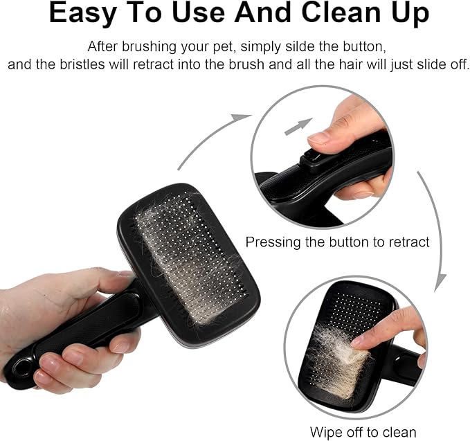 Pet Self Cleaning Slicker Brush for Grooming & Shedding Small Medium Large Dog Cat - Remove Loose Fur, Knot, Undercoat. Suitable for Long Short Hair Lengths sensitive Animals, Black