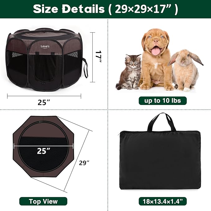 Love's Cabin Pet Puppy Playpen, Small Dog Tent Crate, Portable Foldable Dog Kennel with Carrying Case, Removable Zipper Top, Brown