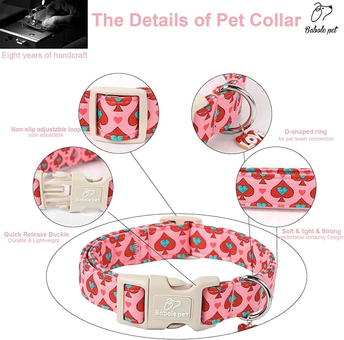 Valentine's Day Dog Collar - Cute Pink Valentines Dog Collar Girl Boy Durable Adjustable Spade Heart Pattern Charm Dog Collars for Small Medium Large Dogs XL