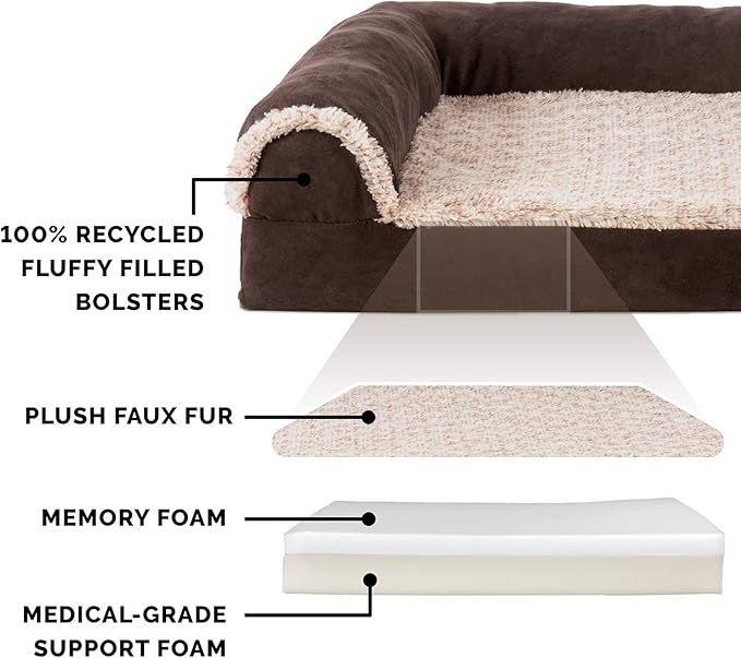Furhaven Memory Foam Dog Bed for Large Dogs w/ Removable Bolsters & Washable Cover, For Dogs Up to 95 lbs - Two-Tone Plush Faux Fur & Suede L Shaped Chaise - Espresso, Jumbo/XL