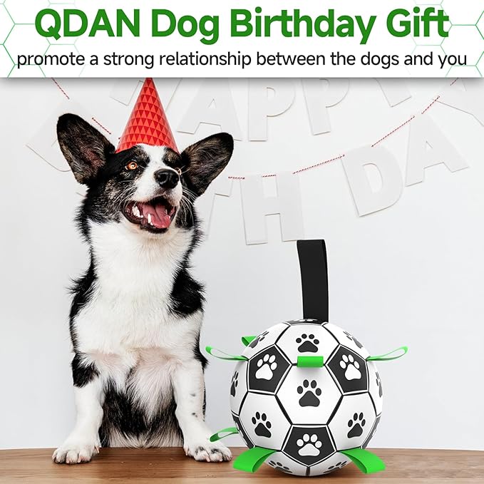 QDAN Dog Toys Soccer Ball with Straps, Interactive Dog Toys for Tug of War, Puppy Birthday Gifts, Dog Tug Toy, Dog Water Toy, Durable Dog Balls World Cup for Small & Medium Dogs(6 Inch)