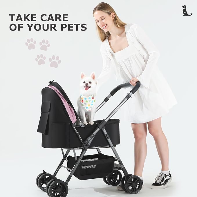 SWITTE Dog Stroller for Small Medium Dogs, Foldable Cat Pet Stroller with Reversible Handlebar, 4 Universal Wheels, Portable Puppy Dog Jogging Stroller with Waterproof Pad, Pink