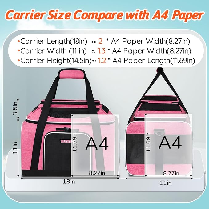 Petskd Top-Expandable Pet Carrier 18x11x11 Inches Delta American United Airline Approved, Soft-Sided Carrier for Small Cats and Dogs with Locking Safety Zippers and Anti-Scratch Mesh(Pink)