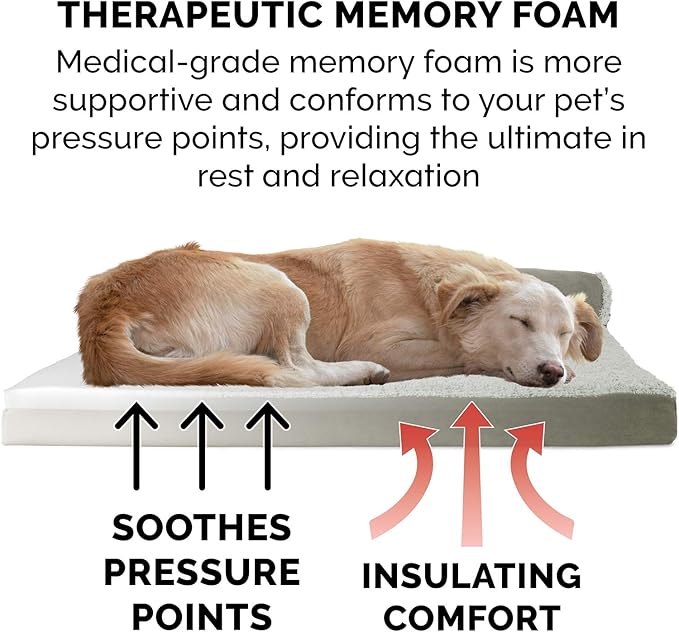 Furhaven Memory Foam Dog Bed for Medium/Small Dogs w/ Removable Bolsters & Washable Cover, For Dogs Up to 35 lbs - Two-Tone Plush Faux Fur & Suede L Shaped Chaise - Dark Sage, Medium