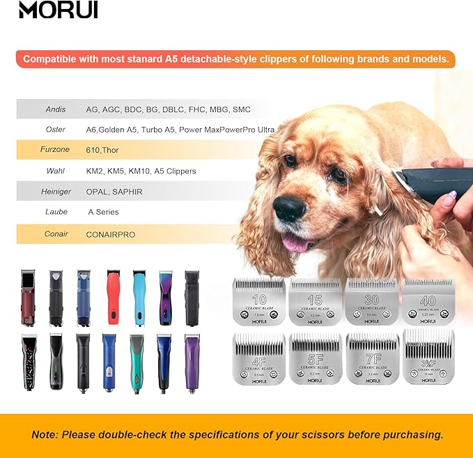 10 Cut Length 1/16"(1.5mm) Detachable Ceramic Pet Dog Clipper Blades Compatible with Most Andis,Oster A5 Wahl KM Series Clippers