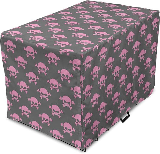 Lunarable Skull Dog Crate Cover, Vivid Pirate on Pale Background Head of a Skeleton and Bones Halloween Themed, Easy to Use Pet Kennel Cover for Small Dogs Puppies Kittens, 22 Inch, Pink Taupe