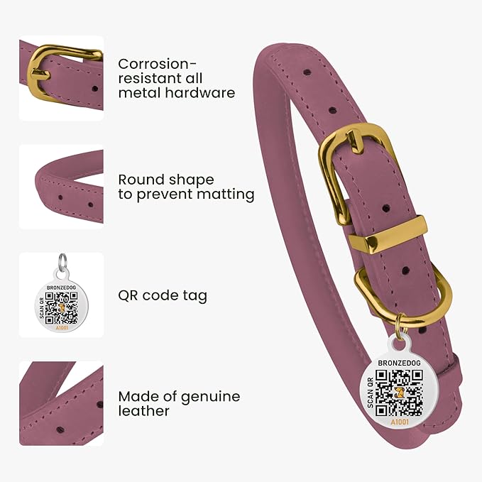BRONZEDOG Rolled Leather Dog Collar with QR ID Tag Adjustable Soft Round Collars for Small Medium Large Dogs Puppy Cat (16" - 19" Neck Size, Lavender)
