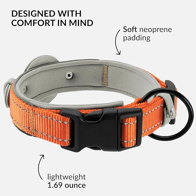 CollarDirect Airtag Dog Collar Reflective Nylon Neoprene Leather Holder for Apple Air Tag for Large, Medium, and Small Dogs (Orange, L, 16.5-20 Inch)