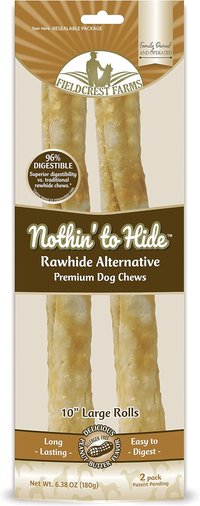 Fieldcrest Farms Nothing to Hide Natural Rawhide Alternative Large 10'' Rolls for Dogs - 3 Pack (6 Chews) Premium Grade Easily Digestible Chews - Great for Dental Health (Peanut Butter)