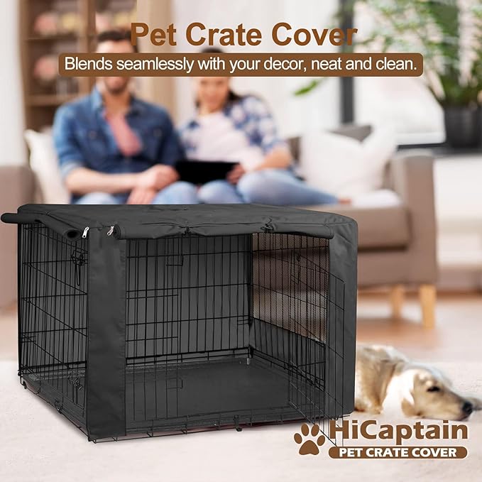 HiCaptain Dog Crate Cover for 48 Inches Wire Crates, Heavy-Duty Polyester Indoor Dog Kennel Cover Universal Fit for 1 2 Doors Standard Metal Dog Cage (Black)