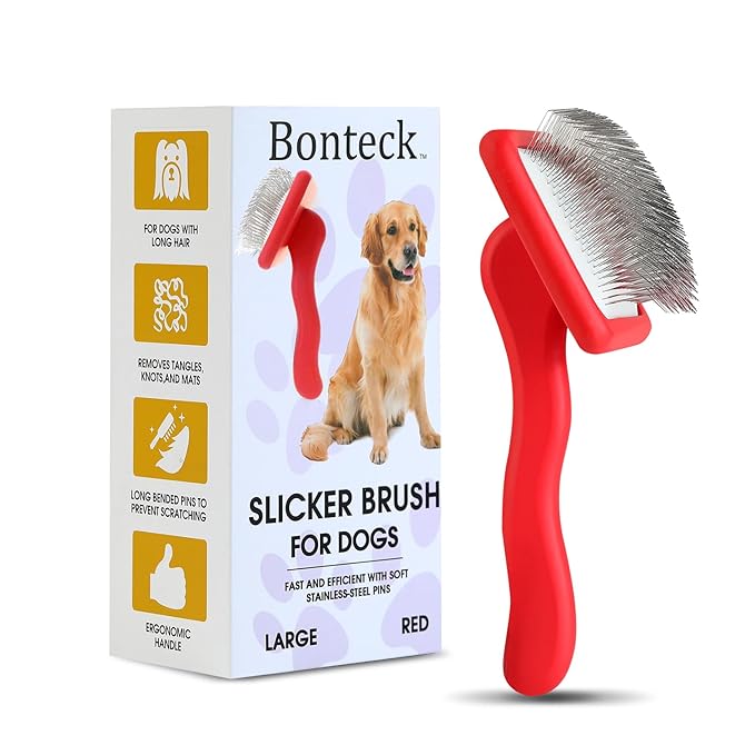 Slicker Brush for Grooming Long-Haired Dogs like Poodles, Goldendoodles, Labradoodles - Large Size Dematting Pin Brush for Pet Hair (Red)