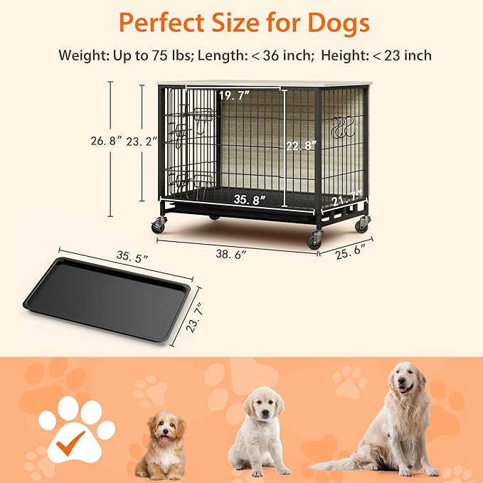 Dog Crate Furniture, 38.6" Wooden Dog Crate with Double Doors & Wheels, Upgraded Kennel End Table, Indoor Cage for Small/Medium/Large Dog, Rustic Grey