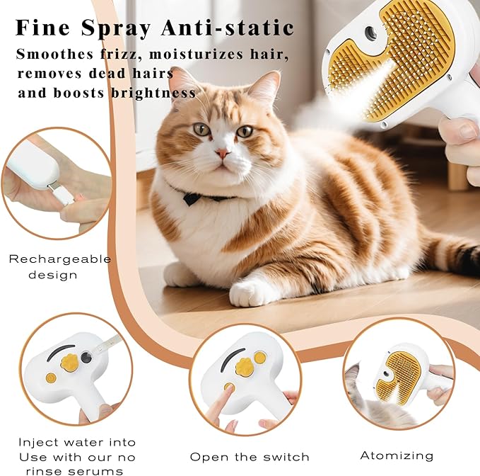 Pet Steam Brush for Dog & Cat – 3-in-1 Spray Hair Removal Comb – Steam Brush for Shedding & Grooming –Spritz Defur Comb–Includes Waterless Shampoo & Eye Wipes
