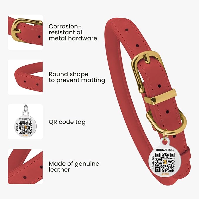 BRONZEDOG Rolled Leather Dog Collar with QR ID Tag Adjustable Soft Round Collars for Small Medium Large Dogs Puppy Cat (7" - 10" Neck Size, Coral Pink)