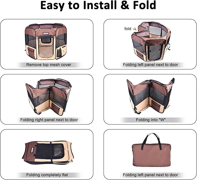 JESPET 61" Pet Dog Playpens, Portable Soft Dog Exercise Pen Kennel with Carry Bag for Puppy Cats Kittens Rabbits, Brown