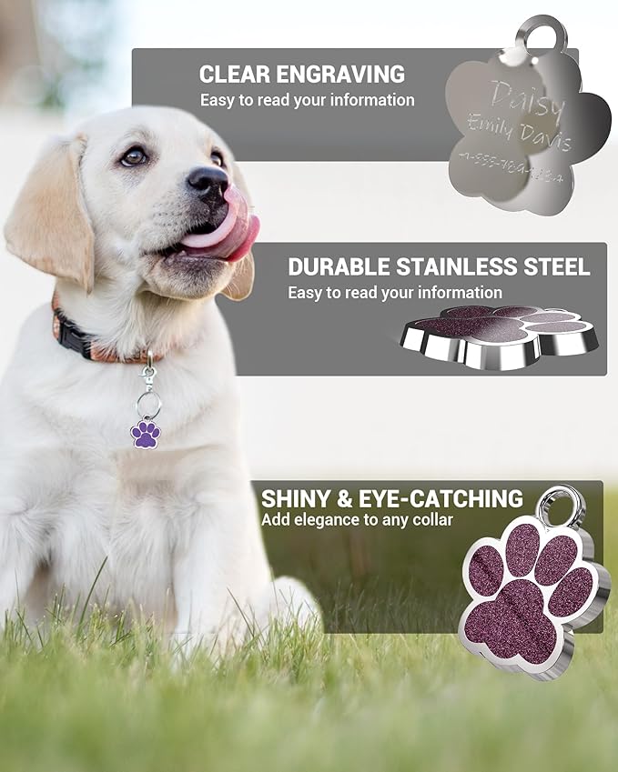 72 Pcs Dog Tags Personalized for Pets Glitter Paw Print Stainless Steel Dog Tag Cute Dog Name Tag Bulk Dog Tags Cat Tags for Wholesale (12 Colors)