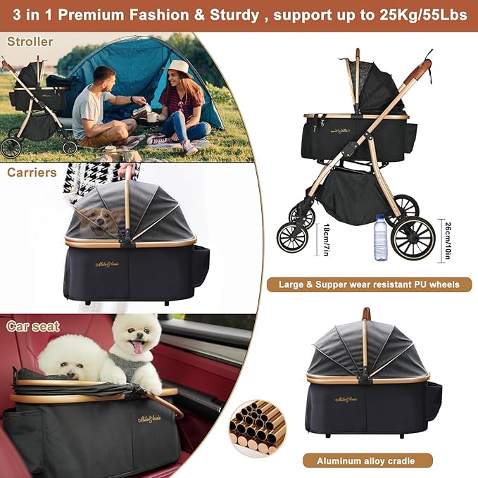 MILA&LOUIS Dog Stroller for Medium Dogs, Pet Stroller for Small Dogs with 4 Large Upgraded Wheel, Dog Strollers with Rain Cover, Cup Holder, Hook, Sturdy Puppy Stroller with Detachable Aluminum Cradle