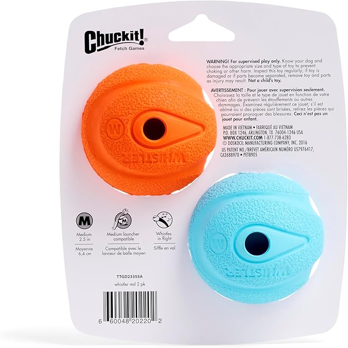 Chuckit! Whistler Ball Dog Toy, Pack of 2, Multicolor, Medium (2.5 Inch Diameter) for Dogs 20-60 lbs