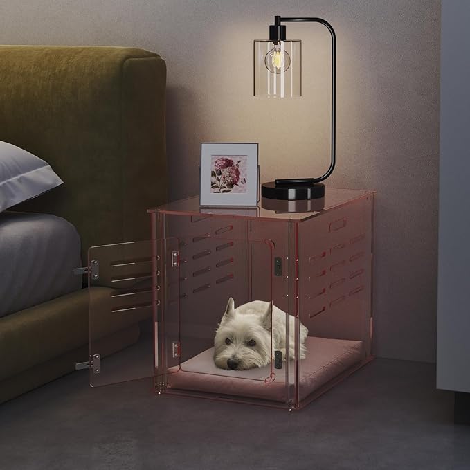 Sumerflos Acrylic Dog Crate Furniture - Clear Pink Dog Kennel End Table for Small Dog Cat Pet, Indoor Lockable End Table Dog Crate Ventilated See-Through, 23.6" L x 17.7" W x 20.0" H