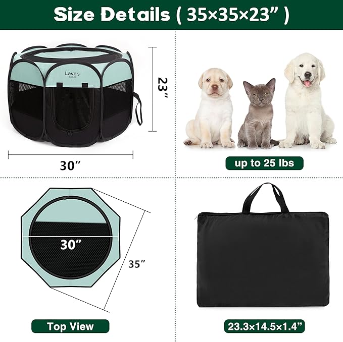 Love's Cabin Pet Puppy Playpen, Medium Dog Tent Crate, Portable Foldable Pop Up Dog Kennel with Carrying Case, Removable Zipper Top, Green
