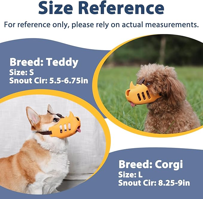 LUCKYPAW Dog Muzzle, Soft Muzzle for Small Medium Dogs Poodle Dachshund, Breathable Silicone Cage Mouth Cover to Prevent Biting Chewing, Funny Rhino Shaped Muzzle with Adjustable Head Strap(Yellow,XL)