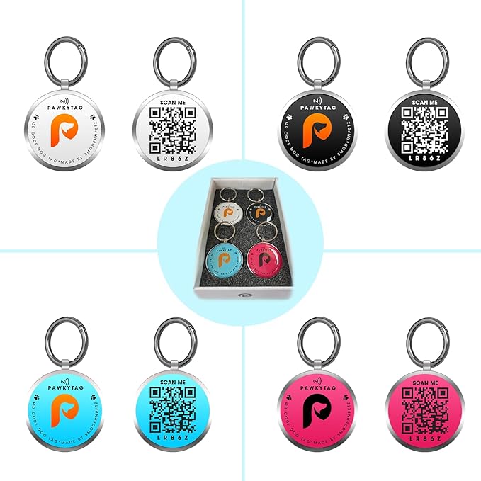 SMORDERNPETZ - Smart Dog Tag for Dogs and Cats - Durable Dog Name Tag - Waterproof QR Code Dog Tags for Pets with Anti-Lost Feature, Easy to Use - No Subscription Fees - Pack of 4 (Mixed Colors)
