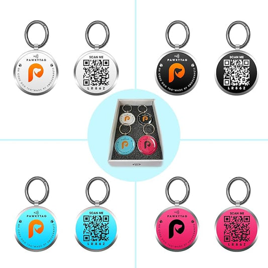 SMORDERNPETZ - Smart Dog Tag for Dogs and Cats - Durable Dog Name Tag - Waterproof QR Code Dog Tags for Pets with Anti-Lost Feature, Easy to Use - No Subscription Fees - Pack of 4 (Mixed Colors)
