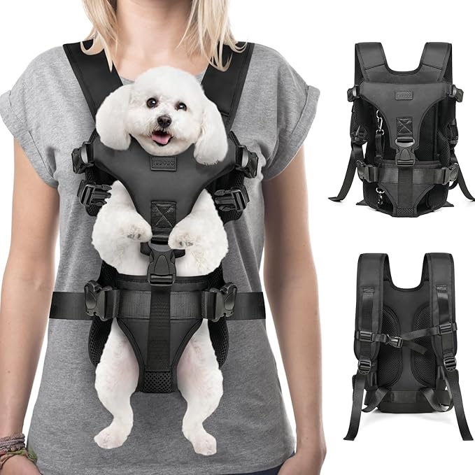 YUDODO Dog Backpack Carrier with Adjustable Safety Buckle Easy-fit Pet Dog Front Carrier for Small Medium Dog Legs Out Dog Chest Carrier for Traveling Walking Cycling (S Black)