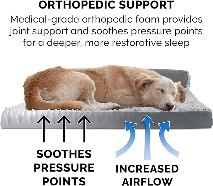 Furhaven Orthopedic Dog Bed for Medium/Small Dogs w/ Removable Bolsters & Washable Cover, For Dogs Up to 35 lbs - Two-Tone Plush Faux Fur & Suede L Shaped Chaise - Stone Gray, Medium