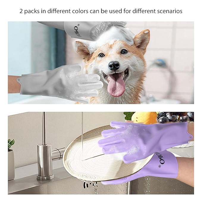 ROPO silicone gloves for pet grooming, multi-functional gloves for pet hair shedding, bathing, and massage (Grey+Purple)