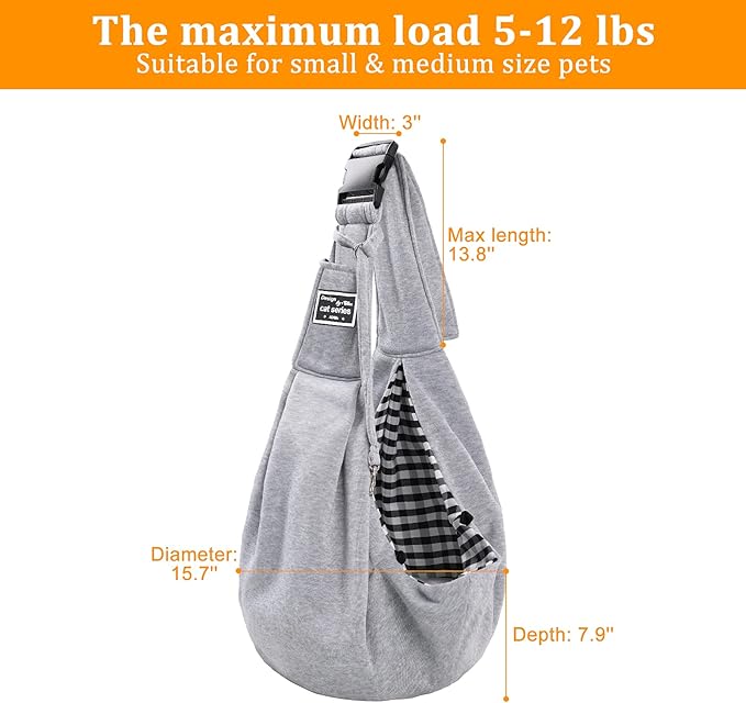 Surblue Dog Sling Carrier Bag with Hands Free Reversible Belts,Safe Comfortable Adjustable Crossbody Shoulder Outdoor Travel Pet Tote Suitable for Small Pet Cat Puppy up to 12 lb (New) (Buckle Grey)