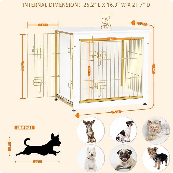 DWANTON Dog Crate Furniture with Cushion, Wooden Dog Crate with Double Doors, Dog Furniture, Dog Kennel Indoor for Small/Medium/Large Dog,End Table, Small, 27.2" L, White