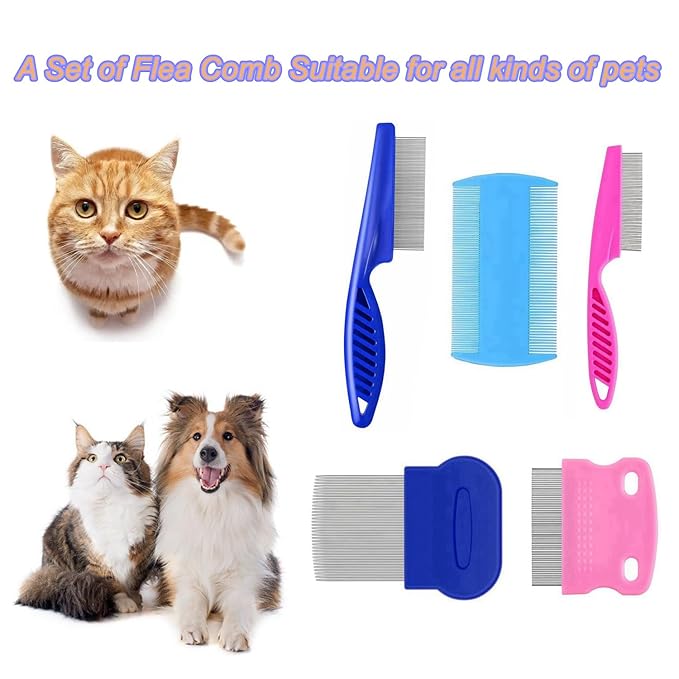 5 Pack Flea Lice Comb,Stainless Steel Dog Cat Grooming Combs with Rounded Teeth,Double Sided Professional Pet Tear Stain Remover,Dematting Tool for Small, Ideal for all pet