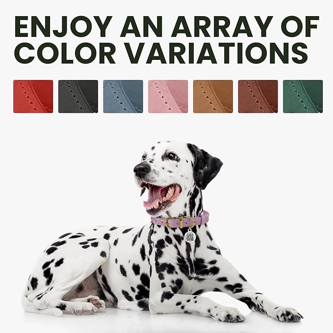 BRONZEDOG Rolled Leather Dog Collar with QR ID Tag Adjustable Soft Round Collars for Small Medium Large Dogs Puppy Cat (Lavender, 9-11 inch)