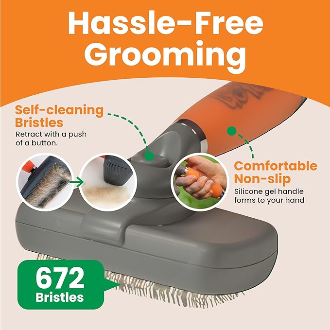 GoPets Self-Cleaning Slicker Brush for Dogs & Cats, Dematting Comb, Dog Brush for Shedding, Gentle Detangling, Suitable for Short & Long Hair, Comfortable Silicone Grip - Orange & Grey