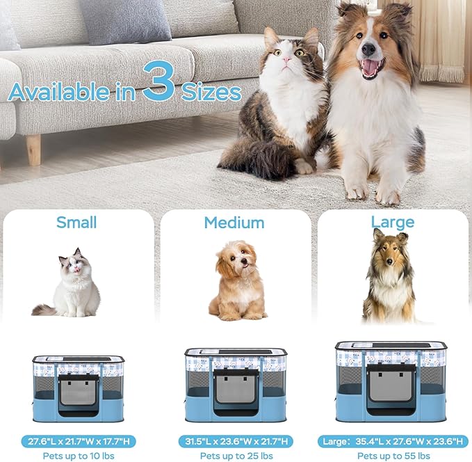 Portable Pet Playpen Cat Cages Indoor, 35.4" L x 27.6" W x 23.6" H Collapsible Dog Crates Made of 600D Oxford Material Tent Kennel Playpen for Dogs Cat and Rabbit Travel Dog Playpen Indoor (L, Blue)