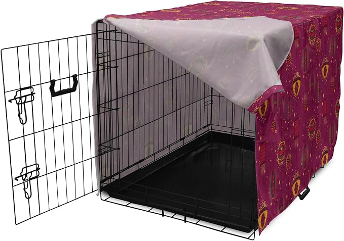 Lunarable Folkloric Dog Crate Cover, Cultural Inspirations Oriental Party Celebration Art Traditional Design, Easy to Use Pet Kennel Cover for Medium Large Dogs, 42 Inch, Magenta and Yellow