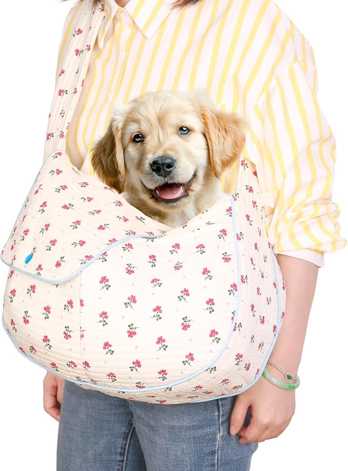 Flower Pet Sling Carrier for Small Dogs and Cats, Breathable Cotton Cats Carrier Purse,Floral Print Puppy Carrier Bag 3-10 Lbs, Hand Free Travel Chest Dog Purse, Gifts for Dog Mom Girls(White, Small