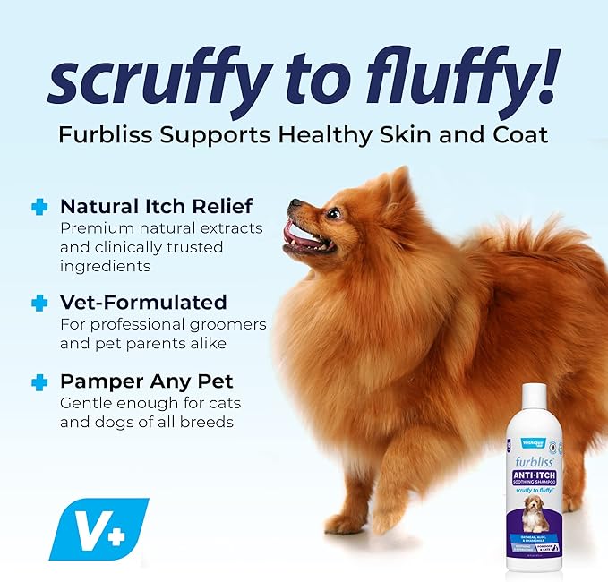 Vetnique Labs Furbliss Anti-Itch Soothing Oatmeal Shampoo 16oz & Furbliss Dog Brush for Long Hair Pets Bundle Anti-Itch Oatmeal Shampoo for Dogs with Grooming Dog Brush for Long-Haired Dogs & Cats