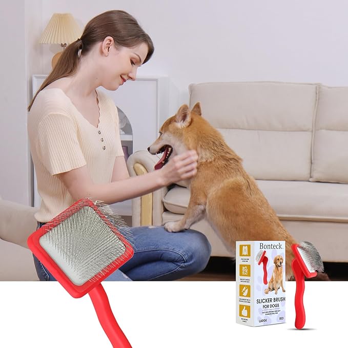 Slicker Brush for Grooming Long-Haired Dogs like Poodles, Goldendoodles, Labradoodles - Large Size Dematting Pin Brush for Pet Hair (Red)
