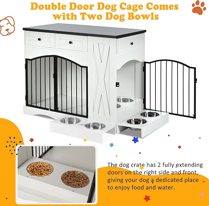 Ball & Cast 43.3" 2-in-1 Dog Crate Furniture,Modern Indoor Kennel with 2 Drawers&Storage Shelves,Double Doors&Double Locks Design for 41-70 lbs Dogs,Living Room,Kitchen,Entryway Side Table,White