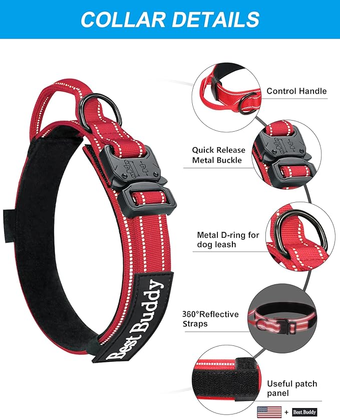 AUBELL Tactical Dog Collar and Leash Set, Adjustable Military Nylon Reflective Dog Leash and Collar with Handle and Heavy Metal Buckle for Medium Large Dogs, with Airtag Holder and 2 Patches (Red, L)