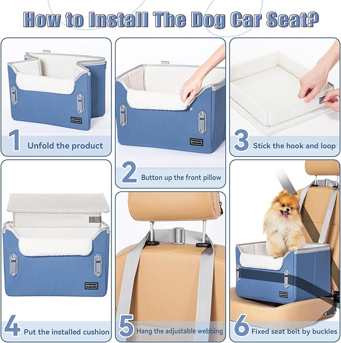 PETSFIT Small Dog Car Seat, Puppy Portable Dog Booster seat for Car with Clip-On Leash, Adjustable Straps Suitable for Small Pets Up to 25lbs (Navy Blue)