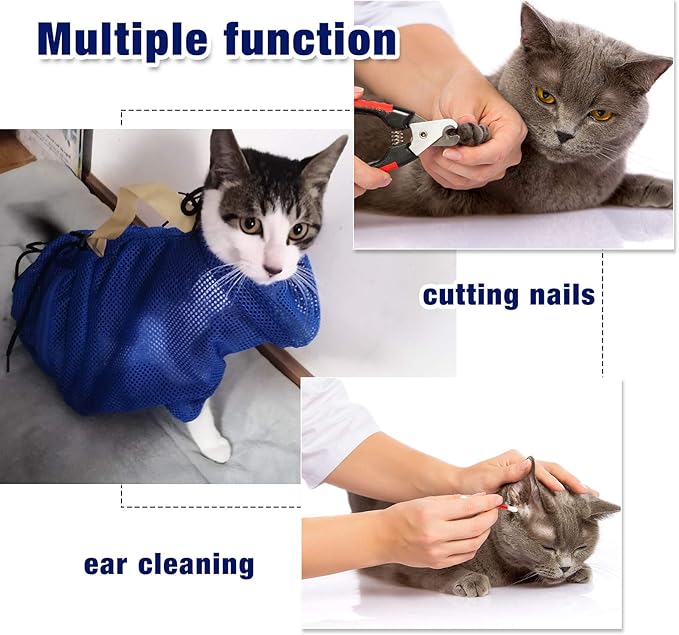 Weewooday 2 Pieces Cat Grooming Washer Mesh Bag Cat Muzzles Breathable Mesh Muzzles Adjustable Kitten Scratch Resistant Kitty Restraint Clothes Kitty Bath Bag for Bathing Nail Trimming Feeding(Blue)