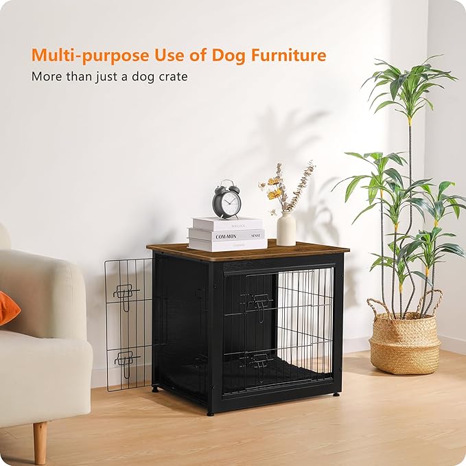 DWANTON Dog Crate Furniture with Cushion, Wooden Dog Crate with Double Doors, Dog Furniture, Dog Kennel Indoor for Small Dog,End Table, 27.2" L, Black+Warm Brown